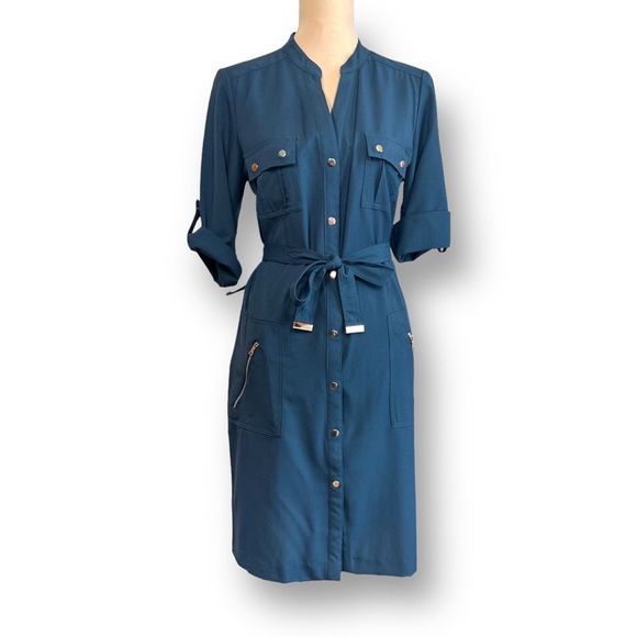 Zac & Rachel Dresses & Skirts - Zac and Rachel Deep Teal Button Down Collared Shirt Dress with Belt, Size 10